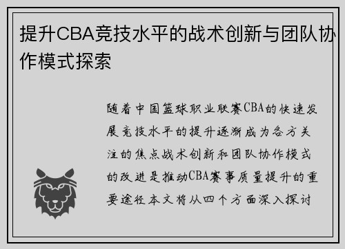 提升CBA竞技水平的战术创新与团队协作模式探索