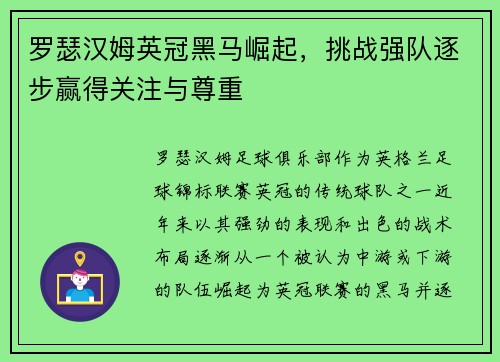 罗瑟汉姆英冠黑马崛起，挑战强队逐步赢得关注与尊重