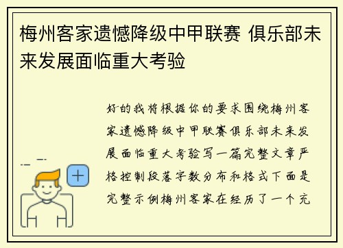 梅州客家遗憾降级中甲联赛 俱乐部未来发展面临重大考验 梅州客家遗憾降级中甲联赛 俱乐部未来发展面临重大考验