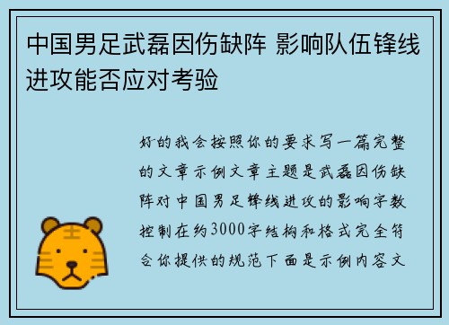 中国男足武磊因伤缺阵 影响队伍锋线进攻能否应对考验 中国男足武磊因伤缺阵 影响队伍锋线进攻能否应对考验